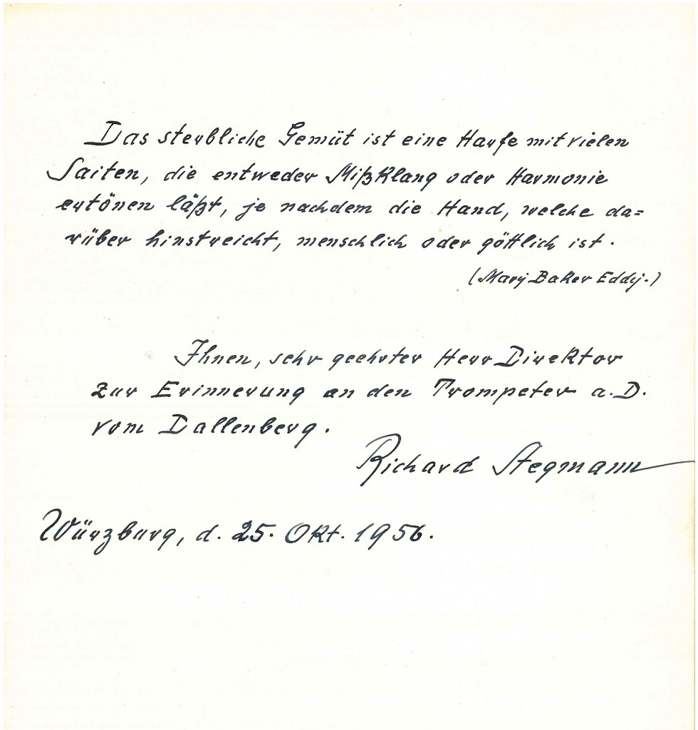 Gästebucheintrag von Richard Stegmann. Das Zitat stammt von der Begründerin der Christian Science, der das Ehepaar Stegmann angehörte.